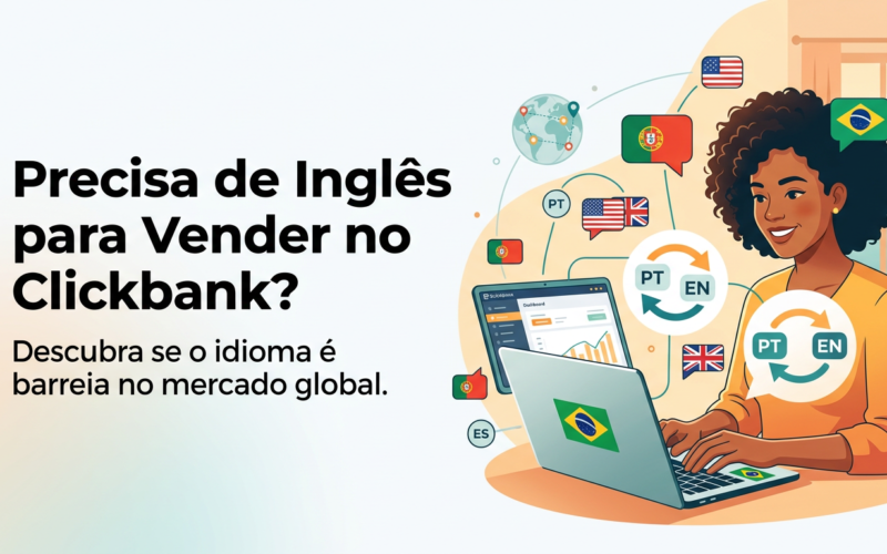 Pessoa brasileira usando laptop com ícones de idiomas ao redor, representando venda no Clickbank sem inglês