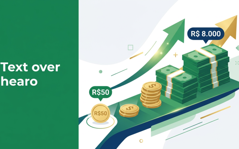 Pilha de dinheiro crescendo de R$ 50 a R$ 8.000, representando evolução de investimento no Clickbank